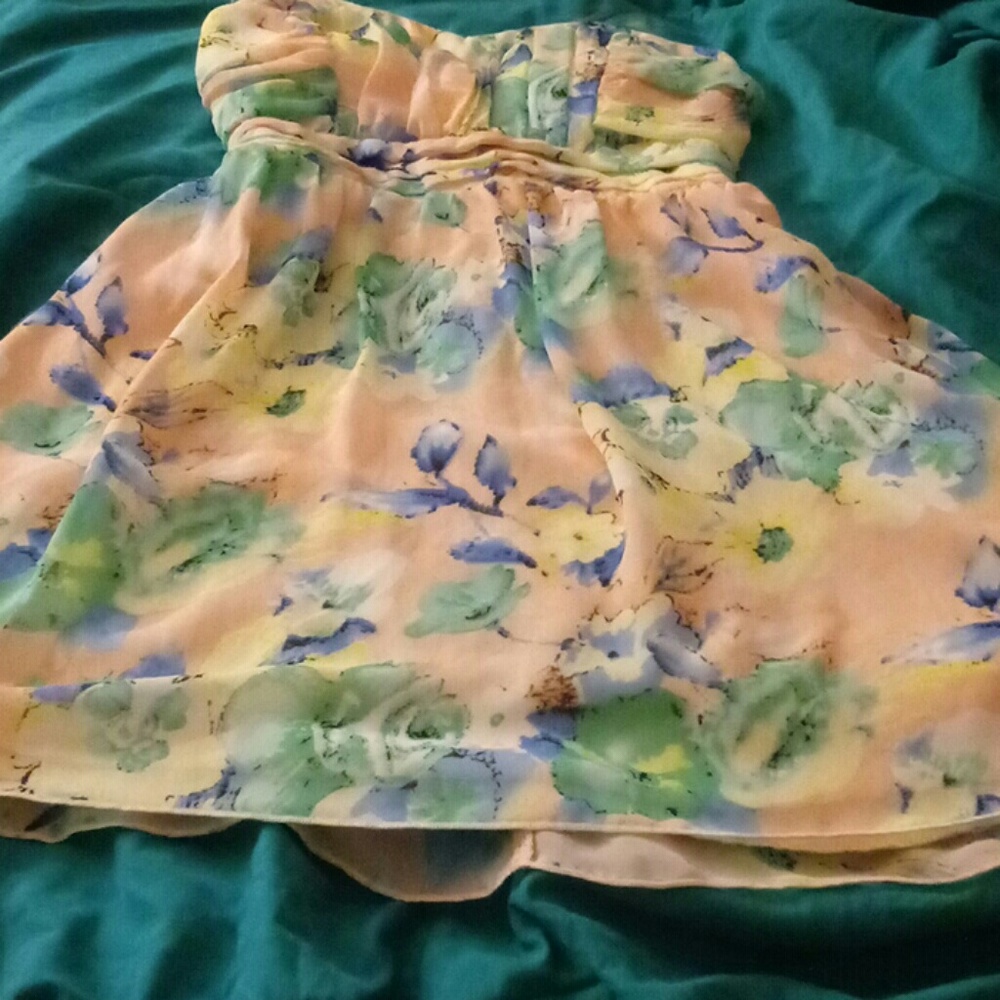Peach Floral Strapless Mini Dress Size 7